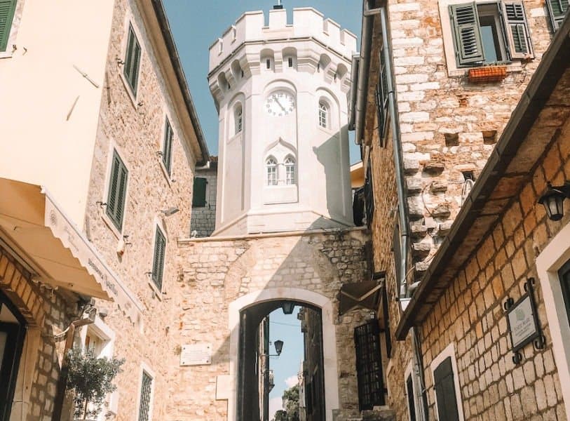 Old stone clock tower in Herceg Novi 