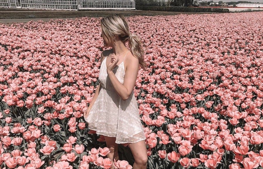 Blond girl in white dress standing in a field of pink Amsterdam tulips