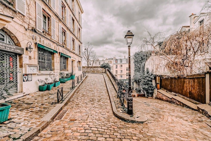 Cobblestone streets and old street lamp