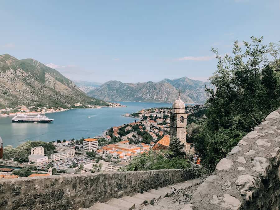 View from the hike in Kotor of the Old Town and the Bay of Kotor