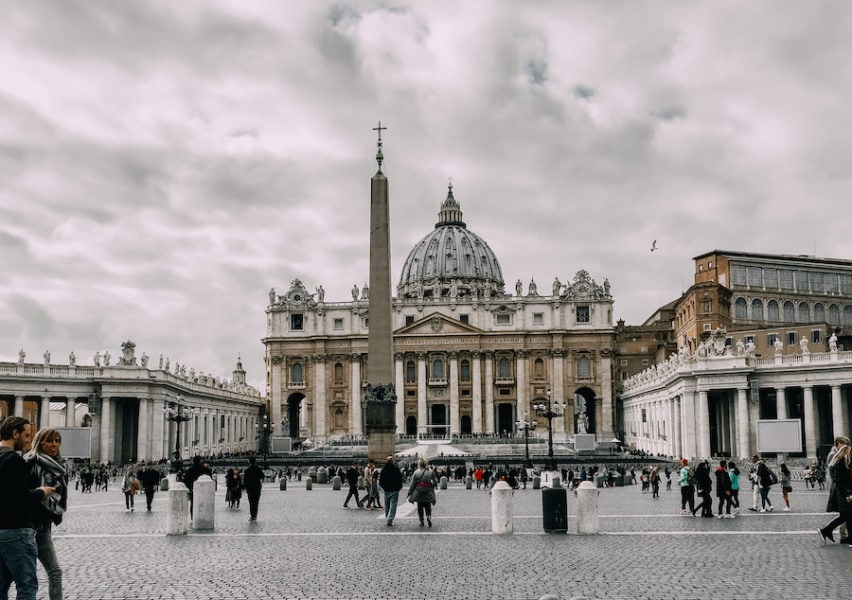 St. Peter's Basilica inVatican city with people walking around 