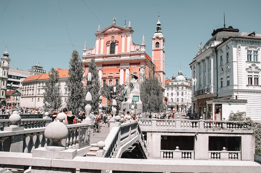 Pink and white buildings in Ljubljana, Slovenia