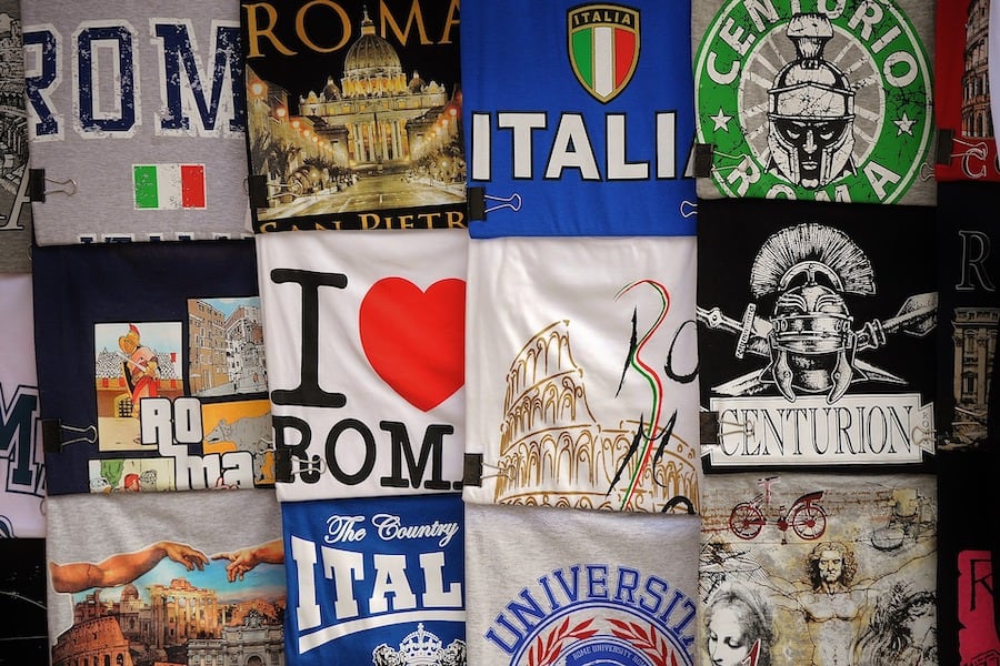 Clothing from Rome with country dedicated words and images