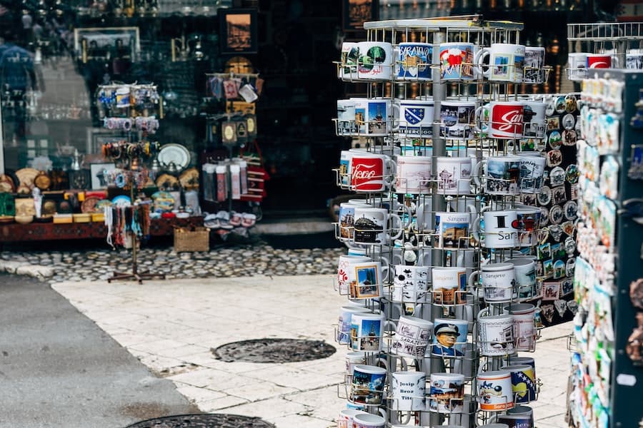 Mugs from a souvenir shop