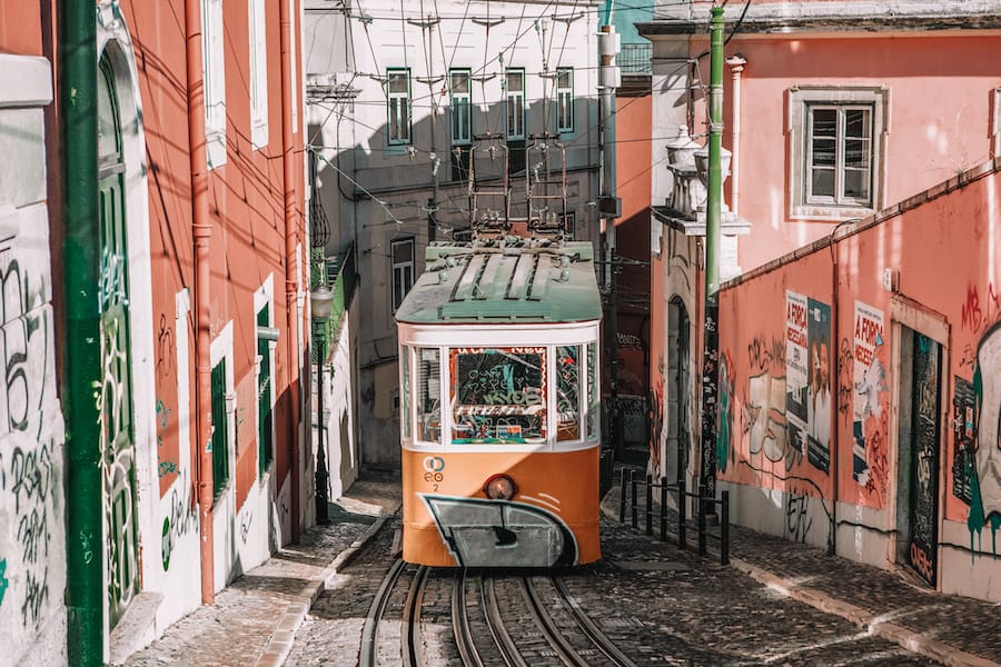 Street car in the narrow streets of Lisbon