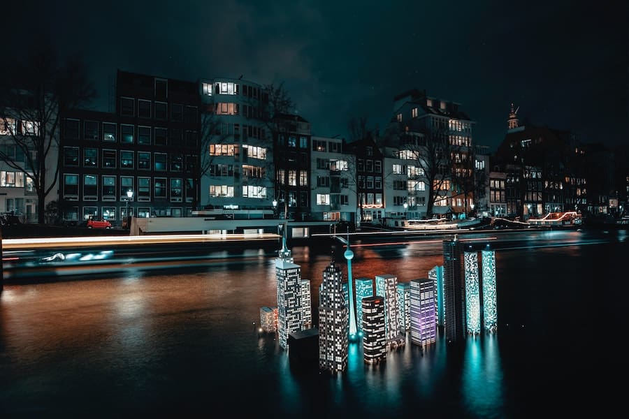 Mini buildings in the waters of Amsterdam