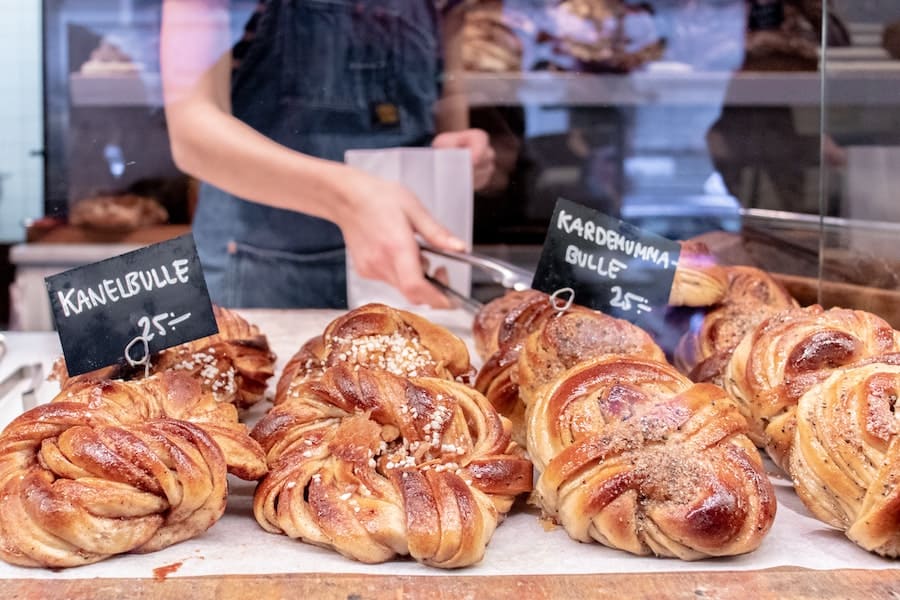 Fresh pastries behind a glass wall in a bakery in Stockholm