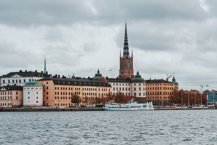 View across the water of a church called Riddarholmen Church