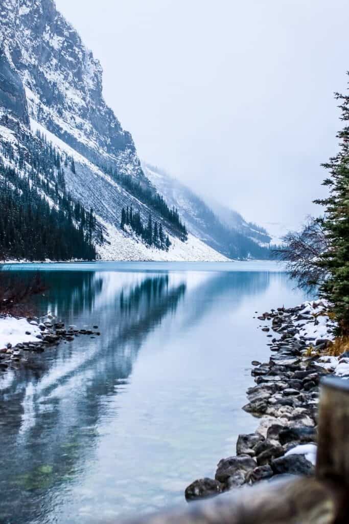 Winter mountains and a glass like lake