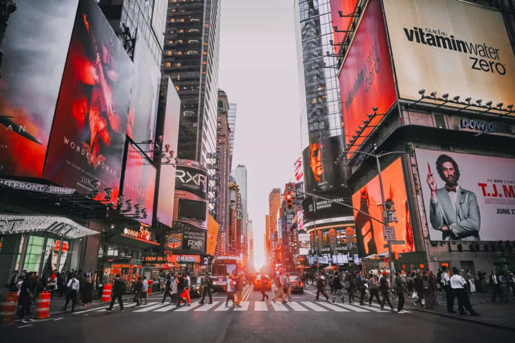 Times square full of bright billboards