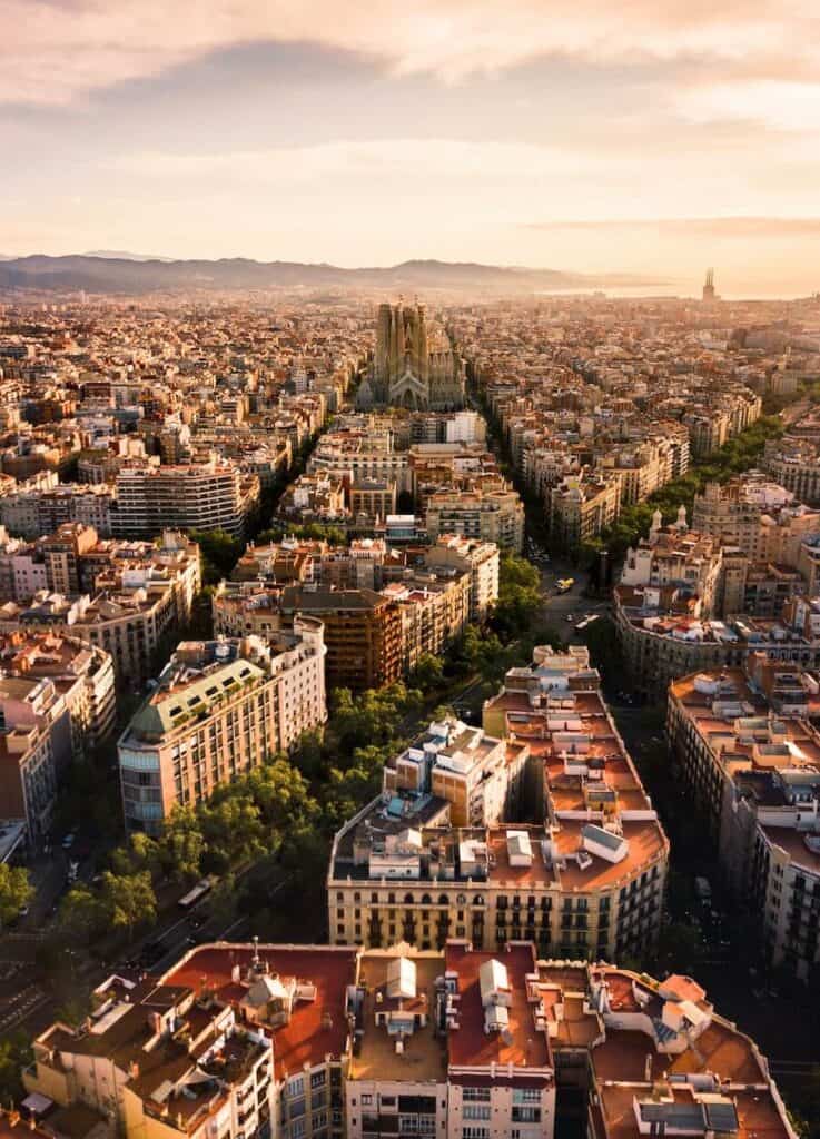sunset over the buildings in Barcelona
