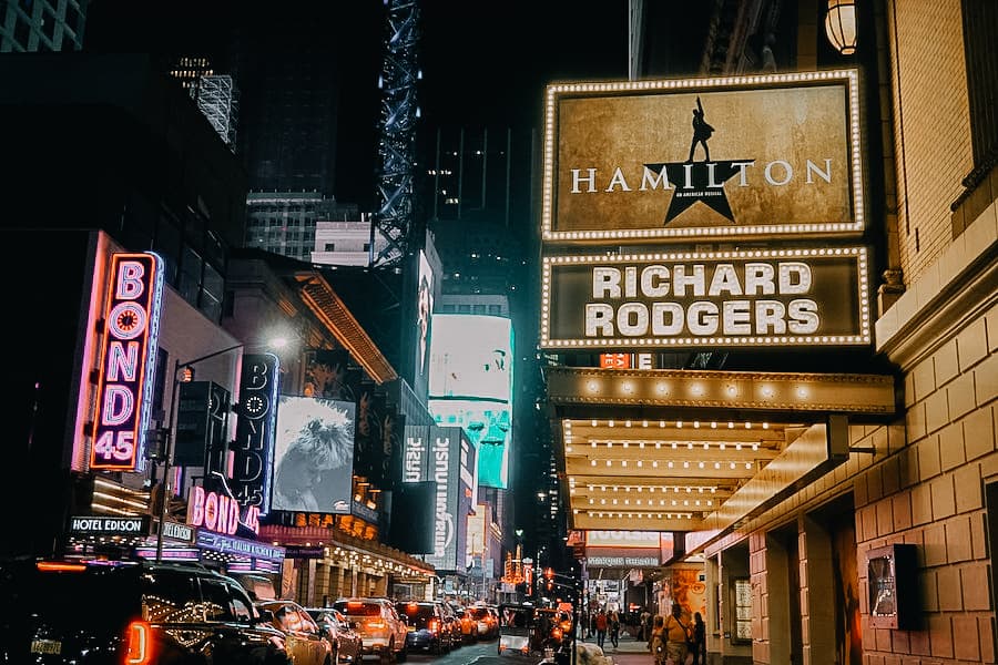 Broadway sign that says Hamilton