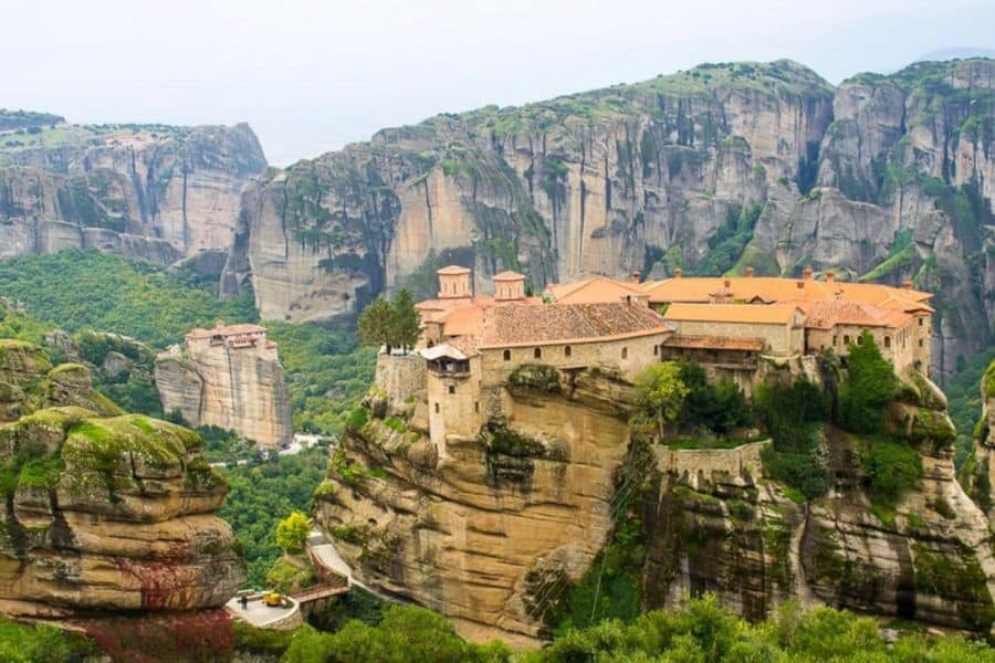 Buildings perched high in the cliffs