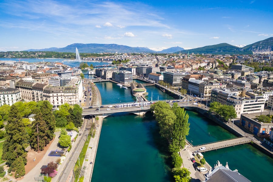 Aerial view of Geneva buildings and lake