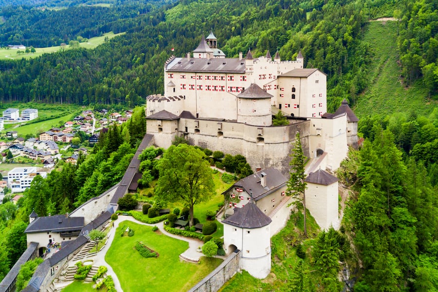 Hohenwerfen Castle or Festung Hohenwerfen aerial panoramic view. Hohenwerfen is a medieval rock castle overlooking the Austrian Werfen town in Salzach valley, Austria