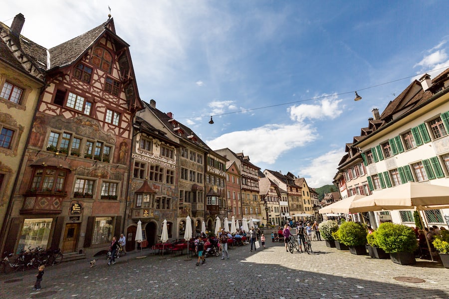 Town Hall and various houses in the old town of Stein am Rhein on May 17, 2015. Its a municipality in the canton of Schaffhausen in Switzerland.