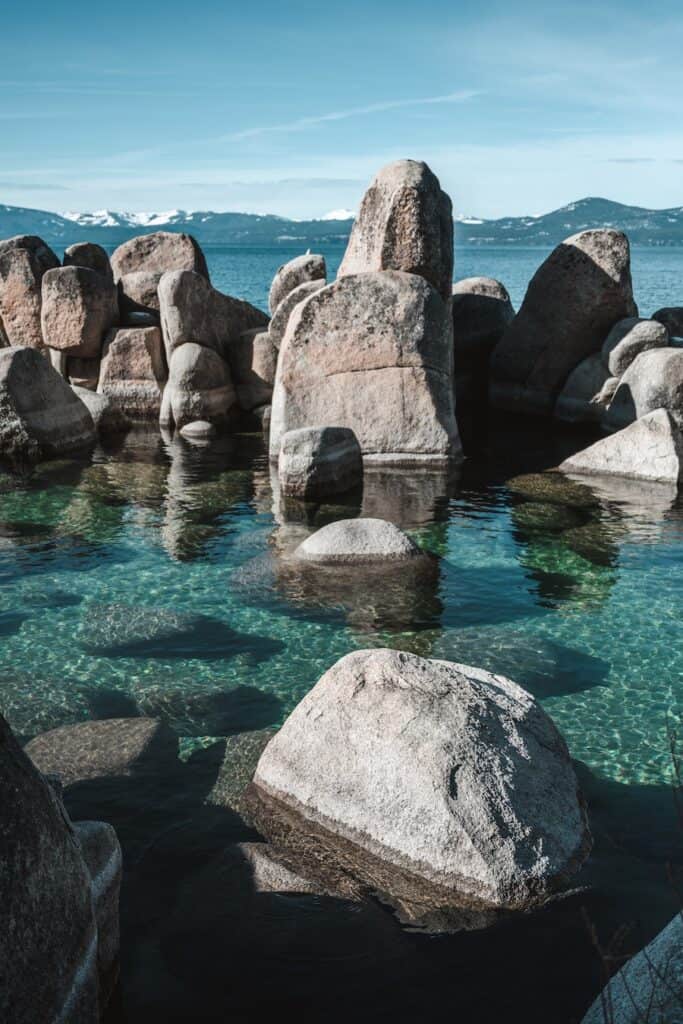 Blue water lake with rocks