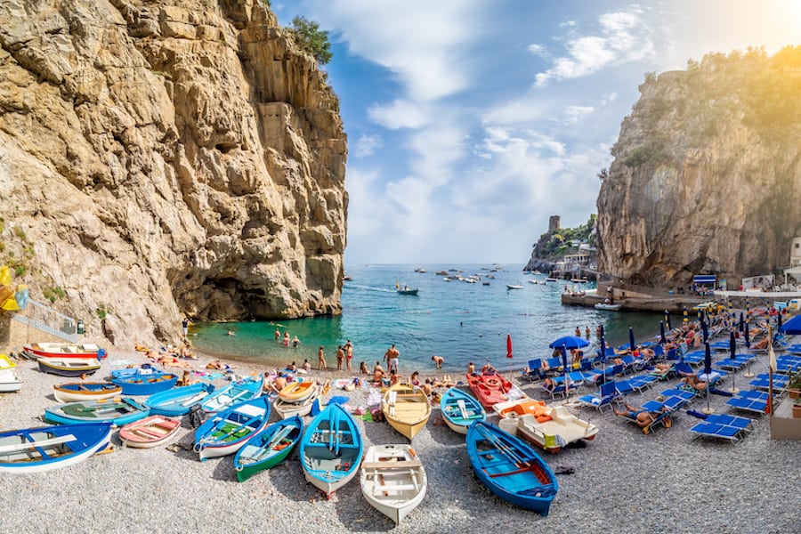 Amalfi, Italy - June 23, 2019: Landscape with amazing Marina di Praia beach  at famous amalfi coast, Italy