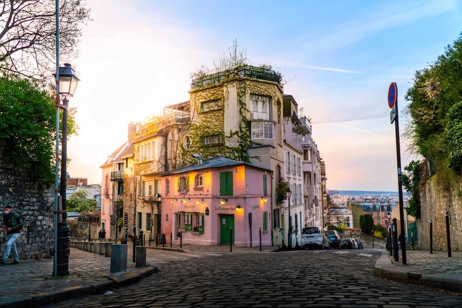 Cobble street and buildings in Montmartre, overlooking Paris. 