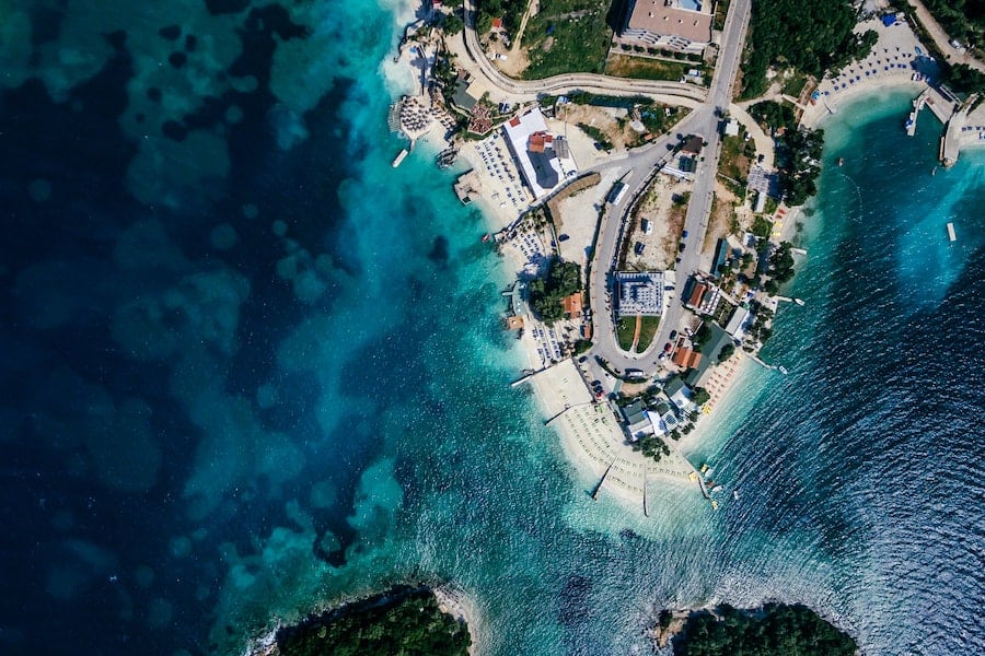 Aerial view of blue water and beaches