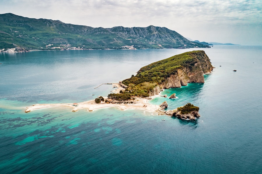Aerial view of Sveti Nikola Island near Budva city at Adriatic Sea in Montenegro. Toned image.