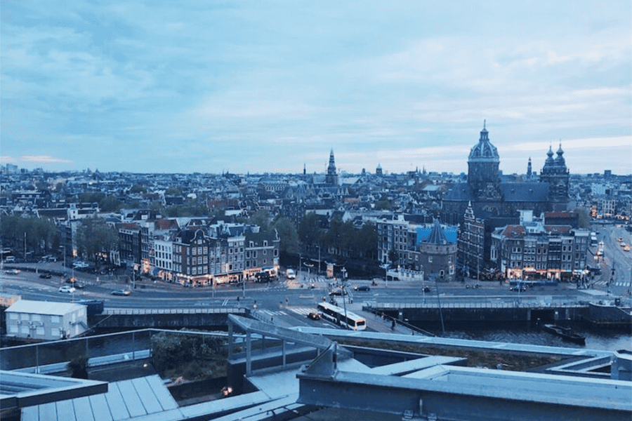 View from the Sky Lounge on top of the Double Tree Hilton Hotel in Amsterdam.