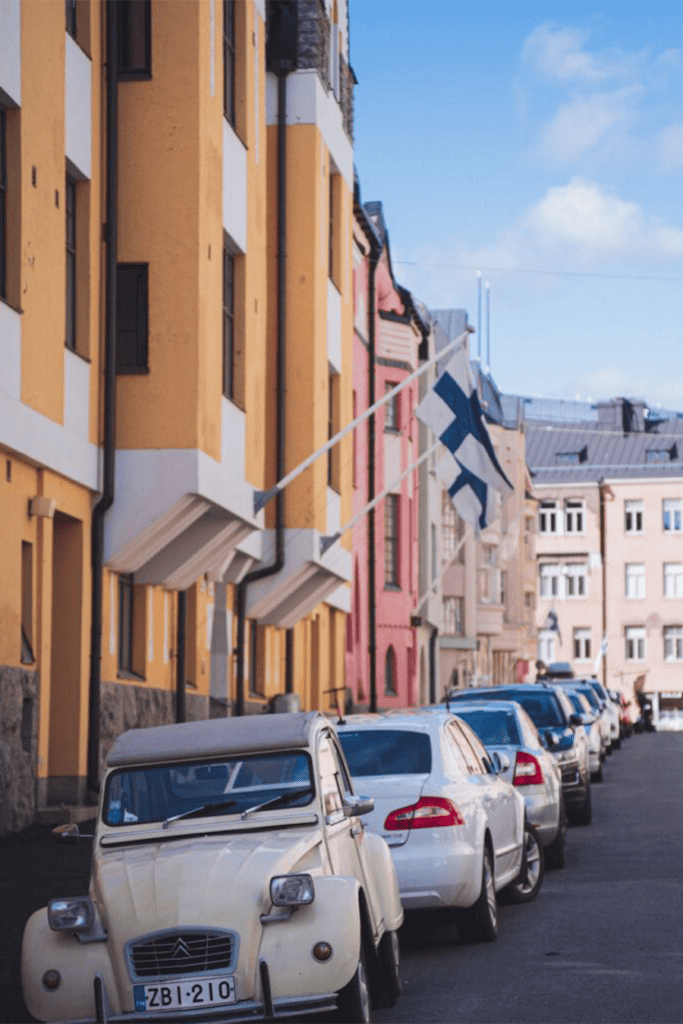 Cars parked on a street in Helsinki.