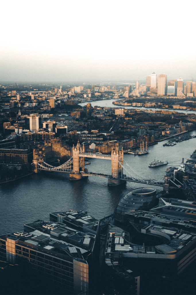 Aerial view of the Tower Bridge and the Thames in London.