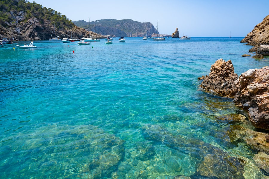 Cala Benirras beach of Ibiza in Sant Joan of Balearic Islands