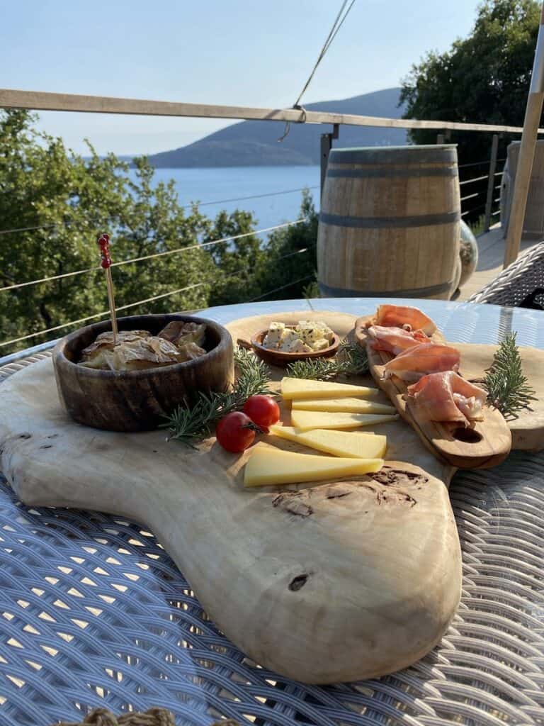 Cheese and meat cuts overlooking the Bay of Kotor in Herceg Novi Montenegro.