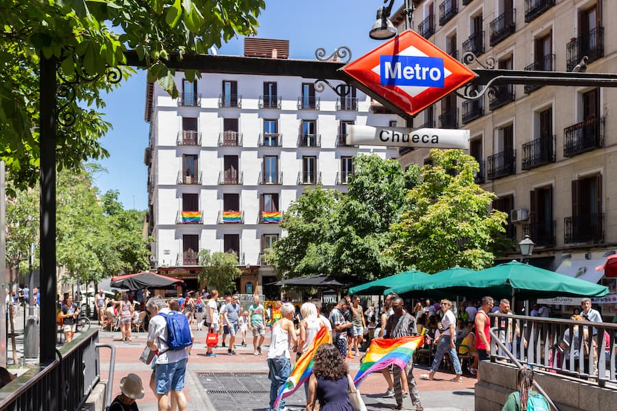 Madrid, Spain; July 06, 2019: Chueca neighborhood in Madrid, decorated during gay pride day celebrations