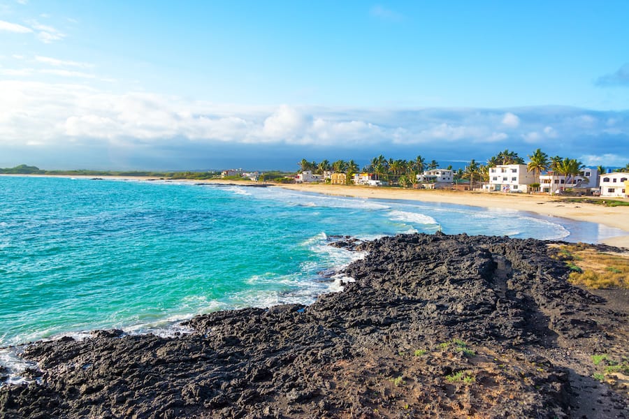 View of the beach in front of Puerto Villamil on Isabela Island in the Galapagos Islands in Ecuador