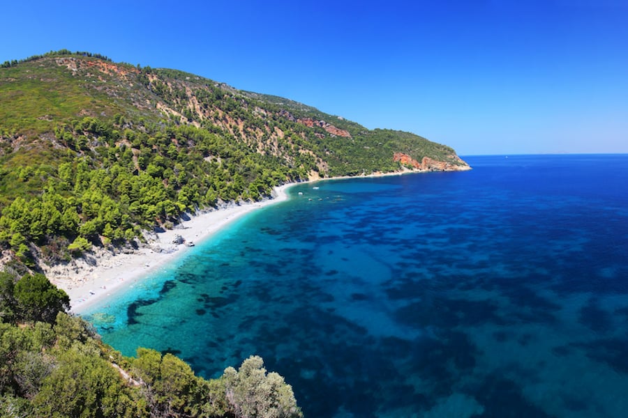 Wonderful beach scenery of Velanio, Stafilos, Skopelos island, Greece