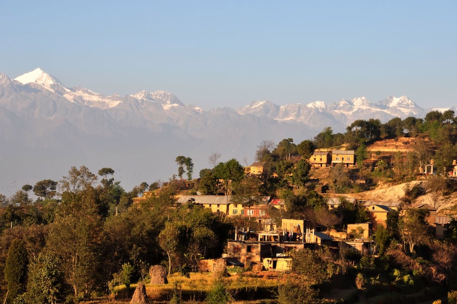 A view of the central Himalayan Mountains beyond the town of Nagarkot on the rim of the Kathmandu Valley. This is the Langtang Range, and the peaks start at 20,000 feet.