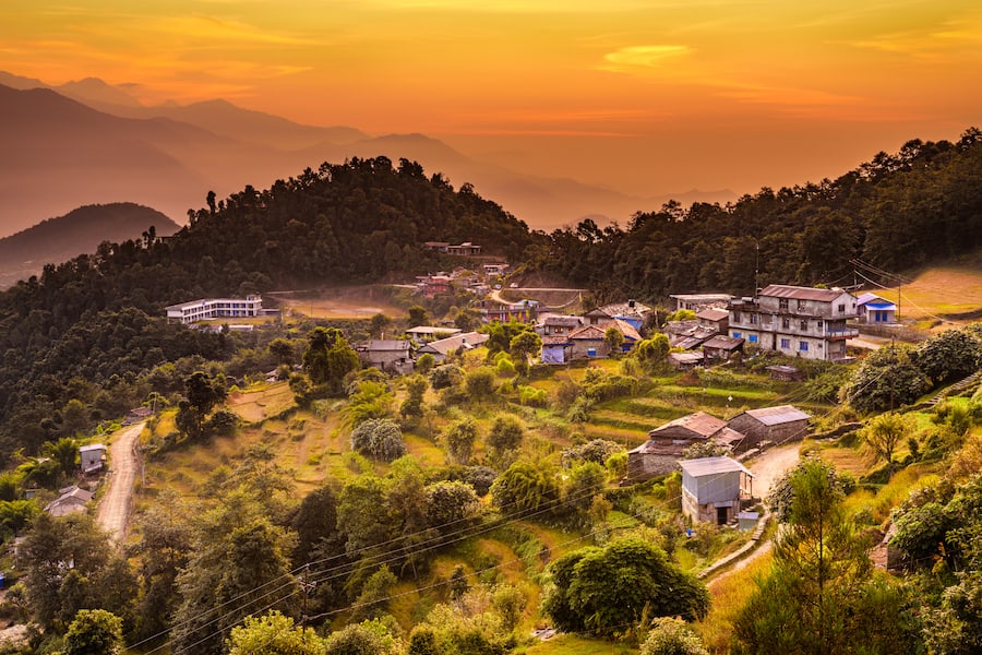 Sunset above village of Dhampus in Nepal