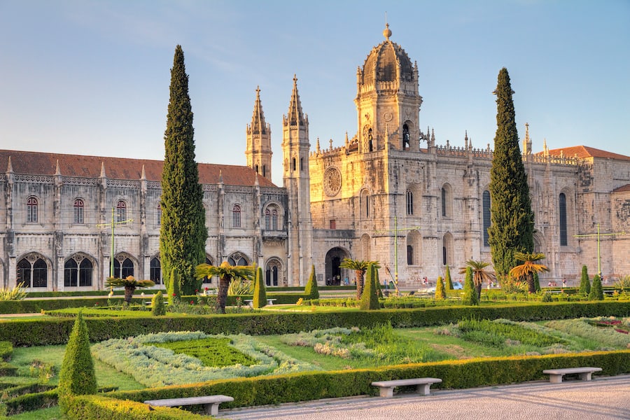 Beautiful image of the Hieronymites Monastery (Jeronimos), a UNESCO world heritage site, at sunset in Lisbon, Portugal. HDR