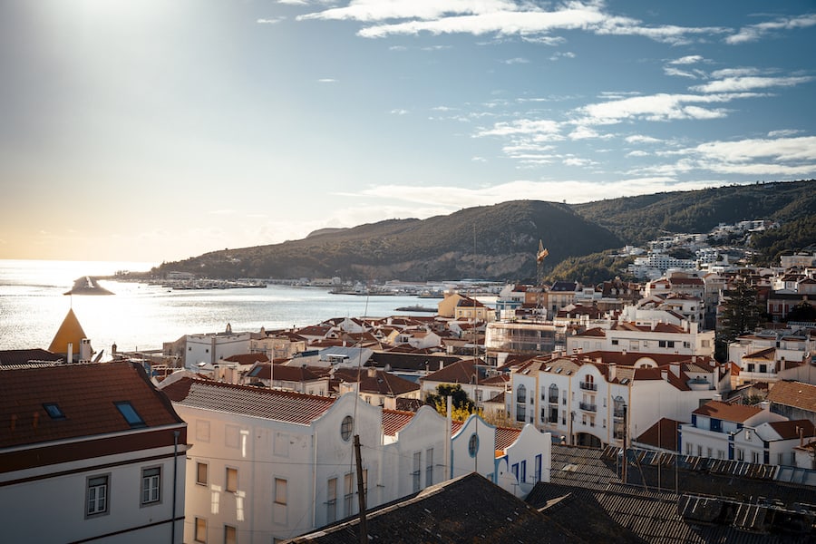 Sesimbra cityscape with historic old town and Atlantic ocean, Setubal region, Portugal