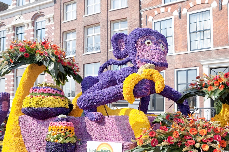 HAARLEM - APR 21: Colorful flower float is parked in the streets of the city of Haarlem during the annual flower pageant, held on April 21, 2013, in Haarlem, The Netherlands