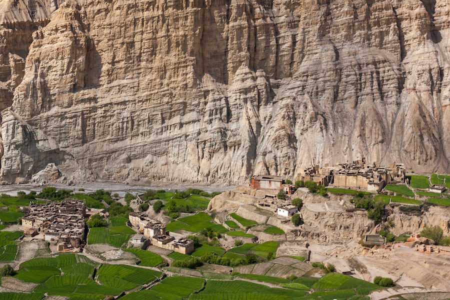 Village in Upper Mustang, Nepal. Remote settlement of Upper Mustang. Rural life in Himalayan valley, Upper Mustang.