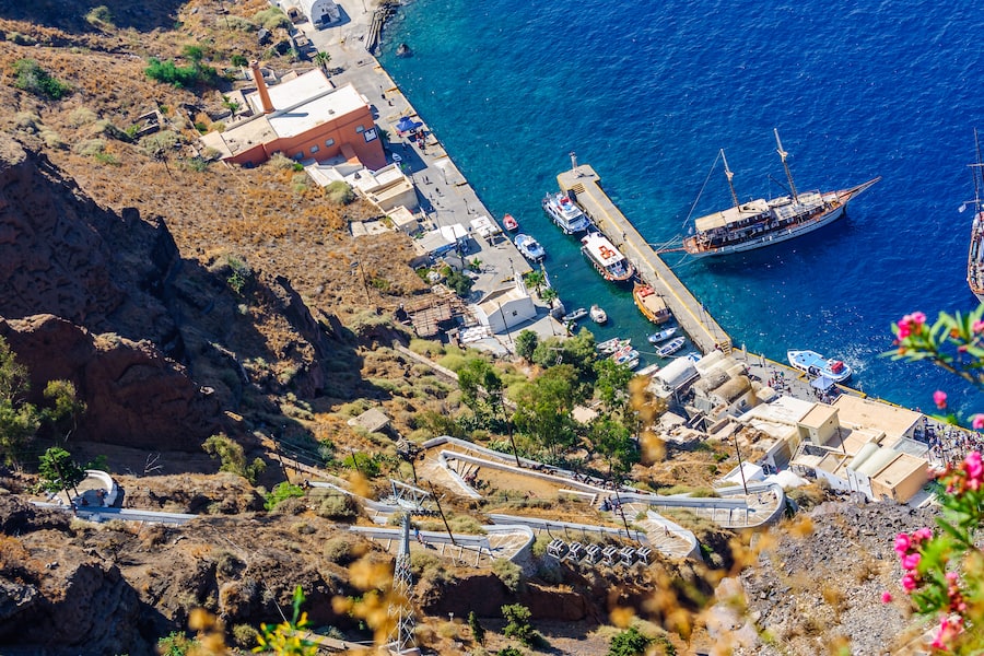 View on old port, donkey road and cableway in Thira town on santorini island