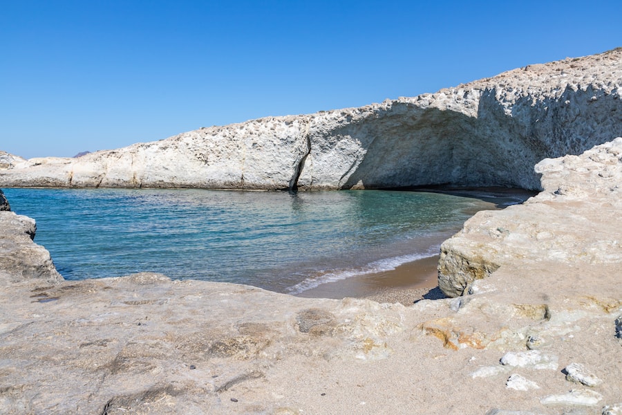 Cave and cliff in Alogomandra beach, Milos, Greece