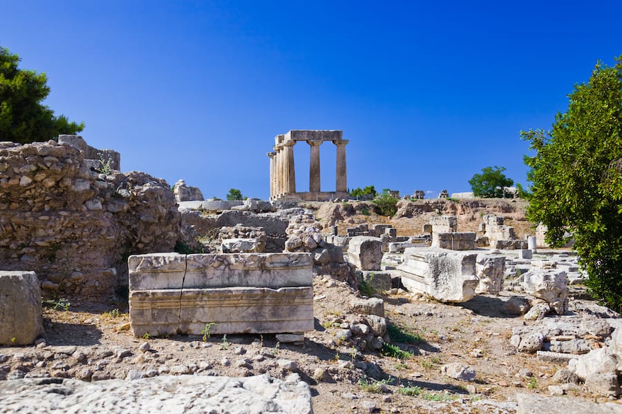 Ruins of temple in Corinth, Greece - archaeology background