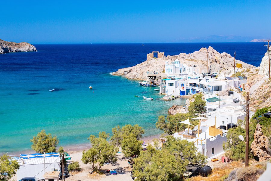 Idyllic Firopotamos beach and fishing village on Greek island of Milos