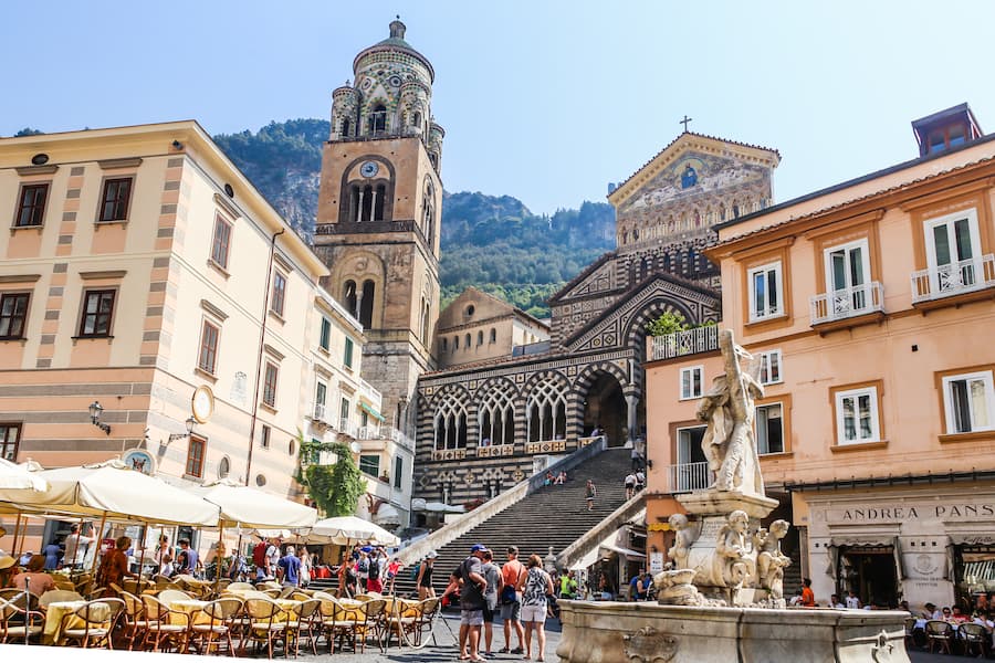 Amalfi, Italy - June 13, 2017: View of the Cathedral of St Andrea and the steps leading to it from the Piazza del Duomo. Amalfi, Italy