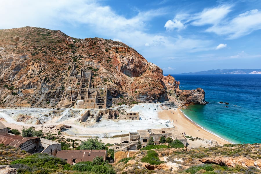 The abandoned sulphur mines and beach of Thiorichia, on the remote eastern side of Milos island, Cyclades, Greece