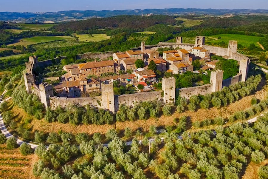 Beautiul aerial view of Monteriggioni, Tuscany medieval town on the hill.