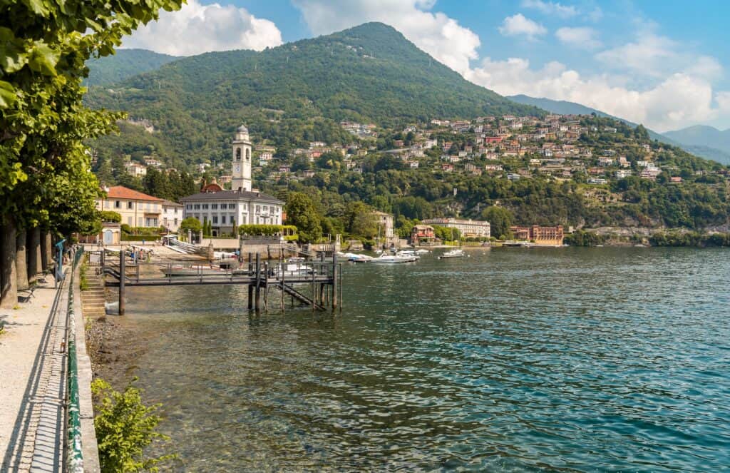 Cernobbio, Como, Italy - June 30, 2022: Lakefront of Cernobbio, the popular holiday resort on the shore of Lake Como, Lombardy.