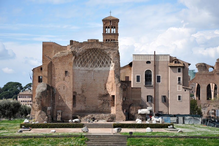 Tourists visiting the Domus Aurea, built by Emperor Nero in Rome, in the Roman Forum