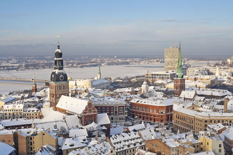 Aerial view of old Riga in winter