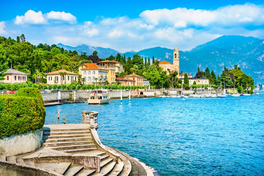 Tremezzo Tremezzina in Como lake district. Italian traditional lake village view and stairs. Italy, Europe.